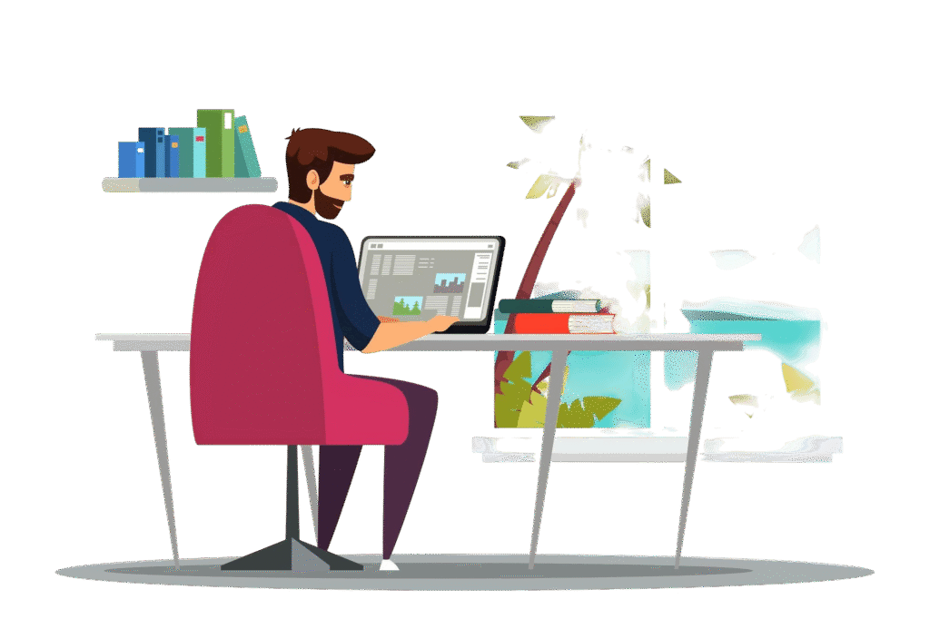 remote employee working home office man sits computer desk sea resort window view Links Eyes | High-Quality Backlinks & SEO Link Building Agency